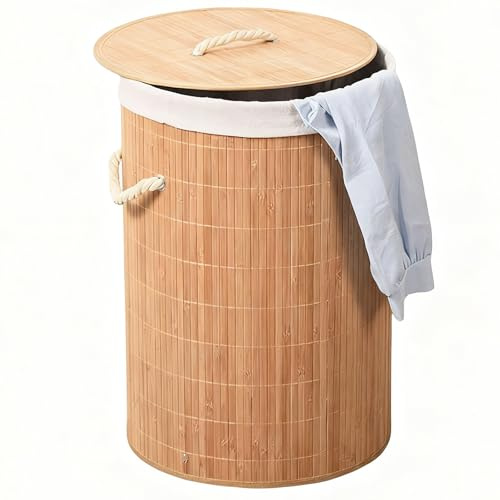 Cesto Ropa Sucia con Tapa - 60L Cesta de Lavandería de Bambú, Plegable, con Bolsa Lavable Extraíble, Asas, para Lavandería y Dormitorio (35x35x60cm)