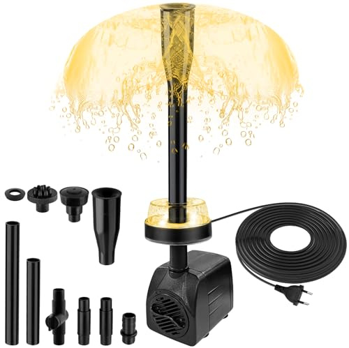 NATPOW Mini Bomba de Agua, 3000K met led 15W/800L/H con 3 Boquillas bomba acuario, Altura máxima 1.6m para Acuario de Fuente de Estanque(3M Cable)