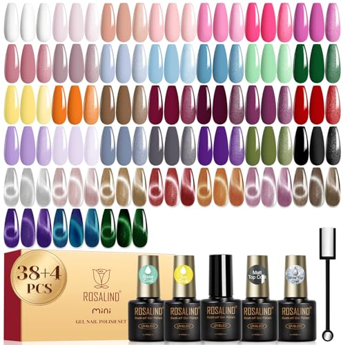 ROSALIND Esmaltes Semipermanentes Para Uñas, 42 Piezas Rosa Verde Rojo Morado Pintauñas Semipermanentes con Magnético Cat Eye Gel Oro Rosa Marrón Morado, UV LED Mini Esmalte de Uñas Regalo