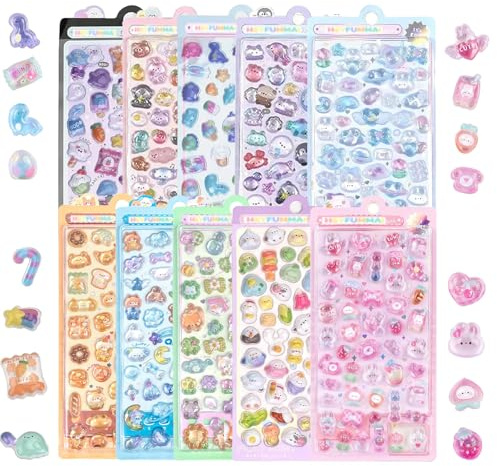 Nymora Set de 10 Mini Stickers, Kawaii Déco Stickers Mignons Animaux, Sticker Tiny 3D pour Carnet de Stickers & Washi, Autocollant Étanche pour Scrapbooking