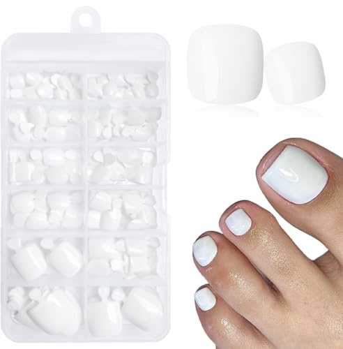 KAHZOR 120 pezzi Unghie Finte Corte Bianche per Piedi, Quadrate Opache, Copertura Completa, Press on Nail(Colla non inclusa, bianco)