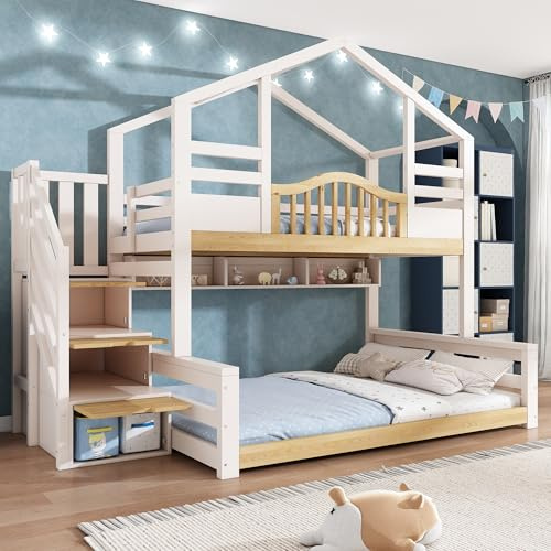Su & Chan Legence Bunk Beds for Kids, House-Shaped Wooden Bed Frame with Storage Stairs and Shelves, for Family with Multiple Children, No Mattress, 90x190 + 135x190cm, White and Natural