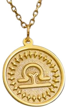 Collar con colgante del signo zodiacal Libra en relieve, hecho en plata de ley 925 con baño de oro, cadena de cable de 45 cm (18), dije redondo para joyería unisex hecha a mano | WW_EMBO_00555
