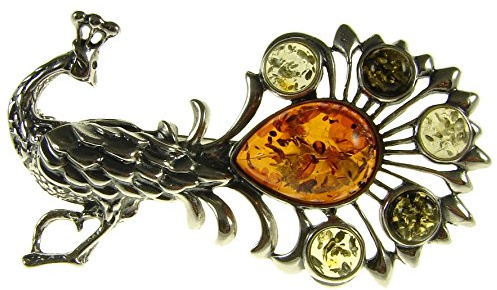BALTIC AMBER AND STERLING SILVER 925 DESIGNER MULTI-COLOURED PEACOCK BROOCH PIN JEWELLERY JEWELRY