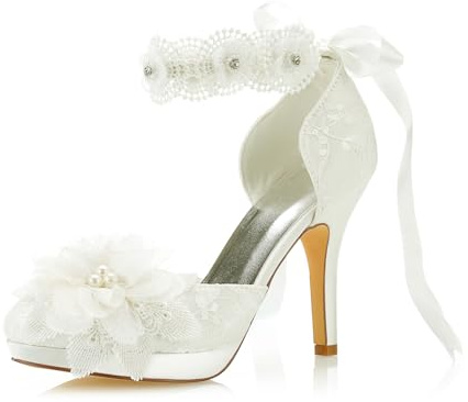 JIAJIA 3703L aux Femmes Chaussures de mariée Bout fermé 10cm Talon Aiguille Dentelle satinée Plate-Forme des Pompes Chaussures de Mariage Couleur Ivoire, Taille 41 EU