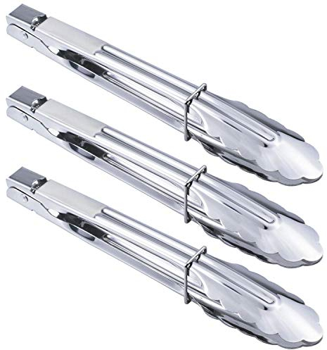 HINMAY Stainless Steel Serving Tongs - 9 Inch, 3 Pieces with Scalloped Gripping Edge