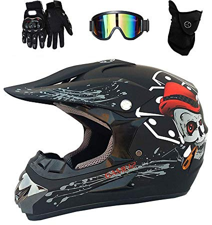 SICOFD Motocross Casque Adulte, Crâne Noir Casque de Moto Vélomoteur Casque avec Lunettes Gants Masque Casque Offroad Downhill Casque Cross Casque pour Quad VTT BMX,M