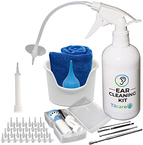 Tilcare Kit Limpiador de oídos con Aspirador Electrico– Sistema de lavado de oídos– Kit de limpieza para oídos perfectos – Incluye Lavabo, Jeringa, Kit Curetas, Toalla y 33 Puntas Desechables