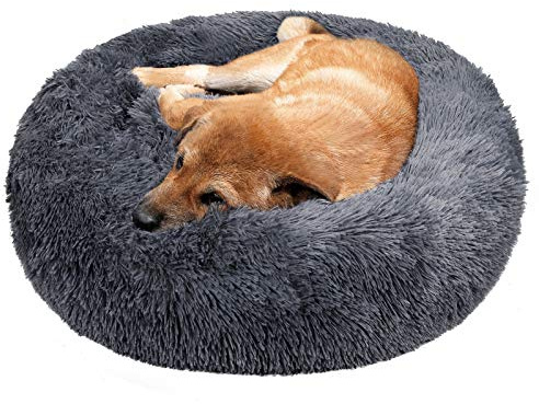 TAMOWA Lit rond en peluche pour chien, coussin pour chiot, canapé portable, chaud, doux, confortable, coussin donut pour chats et petits chiens, 80 cm, gris foncé