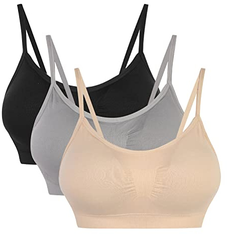 Vertvie Dam stretch utan bygel, push-up-, yoga-, sport-bh, uppsättning för fitnessträning, stoppning, 2-pack / 3-pack, Svart + hud + ljusgrå, XL