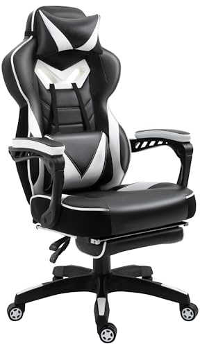 Vinsetto Chaise Gaming Ergonomique, Fauteuil de Bureau Confortable avec Repose-Pied, Appuie-Tête et Coussin Lombaire, Hauteur Réglable, Noir et Blanc