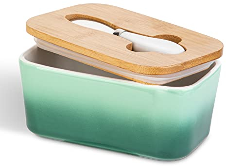 Beurrier en Porcelaine, Henten Home Boîte à Beurre avec Couvercle et Couteau à Beurre, Conteneur de Beurre avec Bague d'Étanchéité en Silicone (Vert Avocat)