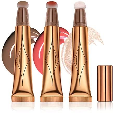 Prreal 3PCS Cosmetic Beauty Wand, Liquid Face Concealer Blush Highlighter Pen, Smooth Creamy Matte Liquid Contour Blush Stick with Soft Cushion Applicator, Waterproof Body Face Makeup (01+03+04)