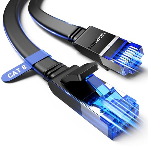 UGREEN Ethernet Cable 20FT, Cat 8 Ethernet Cable with 40Gbps 2000Mhz High Speed, Shielded Heavy Duty Flat Internet Cable Compatible for Gaming PC PS4/5/6 Xbox Modem Router, Include 20 Cable clipes