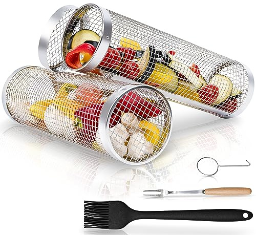 Modaura 2PCS Rolling Grill Baskets for Outdoor Grill, Big Green Egg Accessories-Set Includes Fork, Hook, and Oil Brush-304g Stainless Steel-Perfect Gifts for Dad, Camping Must Haves, Unique Gifts