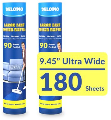 DELOMO Ricariche grandi per rullo adesivo (confezione da 2, 180 fogli) – Compatibili solo con rullo adesivo per pavimenti DELOMO da 24 cm – Ricariche extra adesive per rullo adesivo per moquette, auto