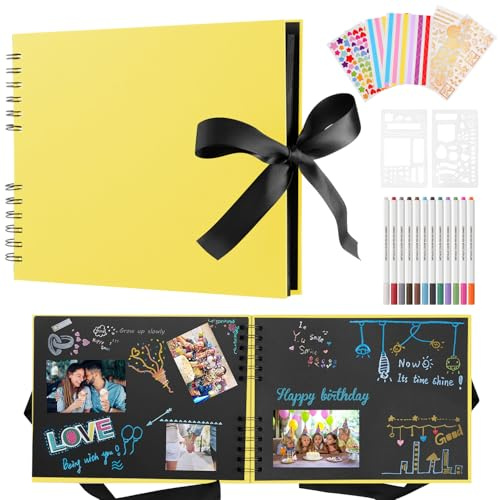 Album fotografico per scrapbooking, 80 pagine nere, album fotografico personalizzabile, 28 X 20.5cm, album fotografico fai da te per bambini, con 12 pennarelli metallici, per famiglia, libro dei