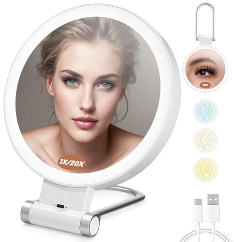 Schminkspiegel mit Beleuchtung, Vergrößerungsspiegel mit Licht, 20Fach/1Fach Schminkspiegel Doppelseitige, Vergrößerungsspiegel Dimmbarer LED, mit 3 Farblichter, Kosmetikspiegel mit Vergrößerung