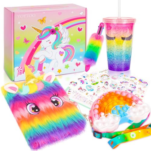 Pinkgarden Einhorn Tagebuch Set, Plüsch Tagebuch Set mit Wasserbecher, Kugelschreiber, Regenbogentasche & 6 Aufkleber - Geschenk für Mädchen im Alter von 6-12 Jahren