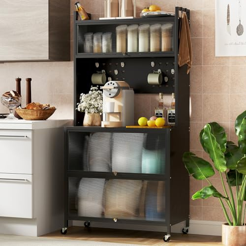 TANGZON 5/6 Tier Kitchen Cabinet, Rolling Kitchen Baker's Rack with Translucent Flip Doors, Pegboard, Hooks & Wheels, Microwave Stand Pantry Cupboard Unit (Black, 5 Tier, 80x40x163cm)