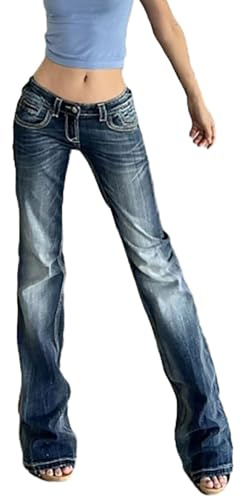 Sawmew Pantalones Vaqueros Elásticos de Tiro Bajo con Corte Acampanado para Mujer en Azul Retro Lavado Pantalones Largos Ajustados Vaqueros Acampanados Desgastados Y2K con Bolsillo(S)