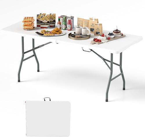 KOMFOTTEU Mesa de Camping Plegable, Mesa de Picnic de HDPE con Marco de Metal, Mueble de Jardín Portátil con Carga 160 kg, para Picnic, Barbacoa, Fiesta, 180 x 74 x 75 cm (Blanco)