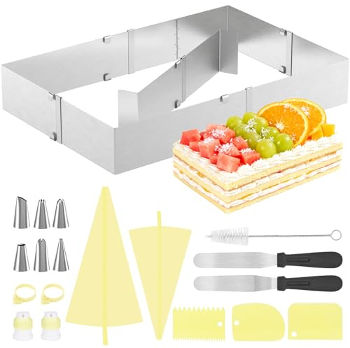 CIRULLI Molde rectangular extensible de acero inoxidable para tartas (tamaño ajustable, de 28 x 18 cm a 53 x 33 cm), molde para tartas de 8 cm, con accesorios para decorar tartas Anillos de cocina