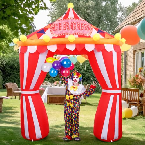 10ft Circus Party Decorations Inflatable Arch Blow up Tent Built in LED Lights Red and White Striped Archway for Circus Carnival Theme Birthday Party Decoration Outdoor Yard Garden Halloween Decor