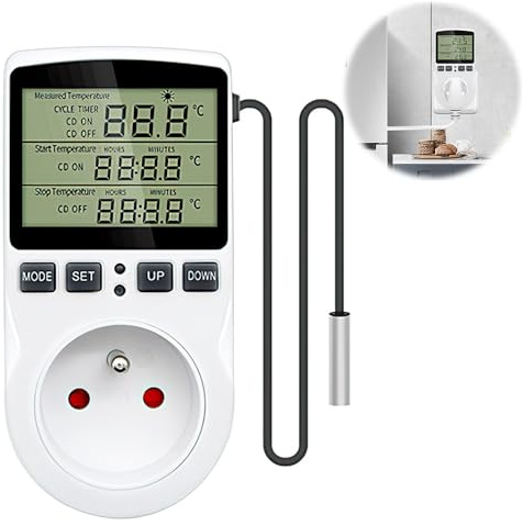KBIBCK Termostatuttag, digitalt programmerbart uttag med sond, terrariumtermostat, digital temperaturregulator med timer, värmetermostatuttag för växthus, akvarium (FR-kontakt)