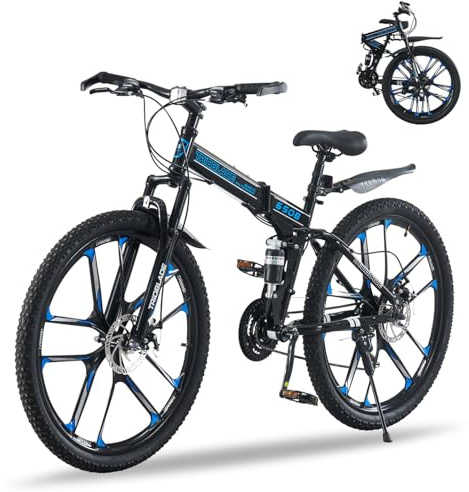 TRIOBLADE 24/26/27.5'' Folding Mountain Bike 21Speed Foldable Mountain Bicycle with Dual Disc Brakes 3 Spoke Wheels Mountain Bikes Dual Suspension Design for Adult Men Women (New Black&Blue, 27.5inch)
