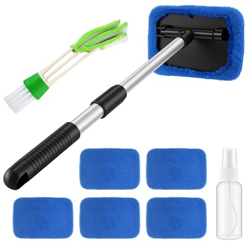 Wozzies Cepillo Lavar Coche, 9 Pcs Kit de Limpieza para Parabrisas de Coche, con 6 Almohadillas de Microfibra,Giratorio a Kit Limpieza Coche Extensible 180 °