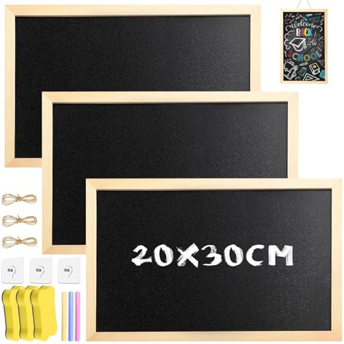 Amentalove 3PCS Pizarra de Tiza 30 x 20 cm, A4 Pizarras de Madera, Pizarra Pared, Pizarra Negra, Pizarra Pequeña y 3 Esponjas 3 Craie, Pizarras Infantiles para Niños, Restaurantes, Escuelas, Fiestas
