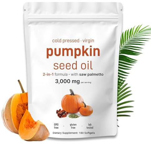 Pumpkin Seed Oil Capsules with Saw Palmetto – Cold Pressed, 3000mg, Hair Growth & Prostate Support – Vegan, High Strength, 180 Capsules