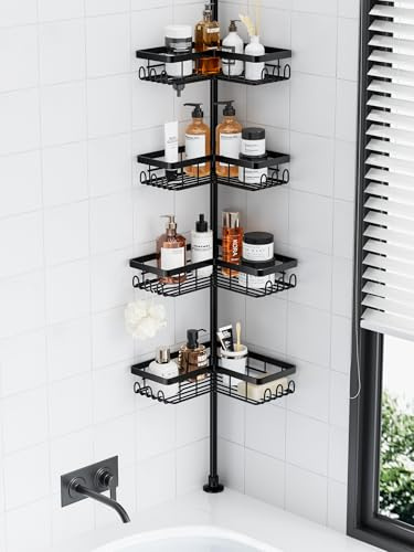 Ruhetfam Shower Caddy Corner,4-Tier Adjustable Bathroom shower Shelf Tension Pole Bathroom Corner Storage Organiser No drilling