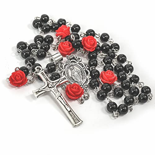 Nazareth Store Black Hematite 6mm Perlen Rosenkranz Halskette Katholisch Unsere Rose Lourdes Medaille & Jesus Kreuz in Samttasche