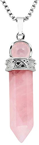 KYEYGWO Heilstein Punkt Anhänger Halskette für Damen und Herren, Hexagon Versilbertes Reiki Chakra Poliertes Steinpendel für Unisex, Rosenquarz Perlen mit Hexagon