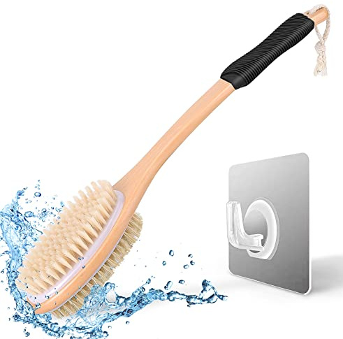 KIPRITII Ergonomically Back Scrubber for Shower,Double-Sided Back Long Handle Wet & Dry Brush for Cellulite and Lymphatic (Black)