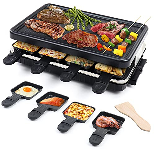 Electric Raclette Grill & Korean BBQ - 8 Non-Stick Cheese Trays, 1300W with Temperature Control, Dishwasher-Safe Indoor Grill for Family Gatherings & Interactive Dinner Parties