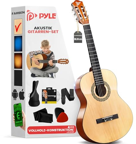 Pyle Kit de Guitare Acoustique Debutant 86 cm Junior-Guitare Enfant/Adulte Classique en Bois de Tilleul Fait Main avec Housse, Accordeur Numérique, Cordes, Médiators, Sangle, Droitier, Marron