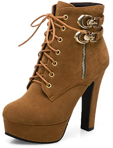 Viéctaa Bottines Femme à Lacets Talon Haut Boots Hiver Sexy Plateforme Suède Chaussures Soirée Marron 35