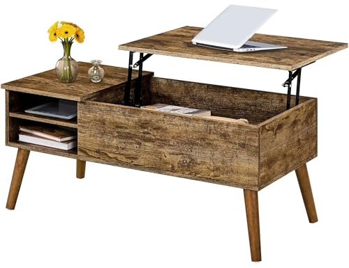 Yaheetech Lift Top Coffee Table, Industrial Style Coffee Table with Hidden Storage & Adjustable Storage Shelf, Center Table Sofa Table for Living Room, 100x48x45cm, Rustic Brown