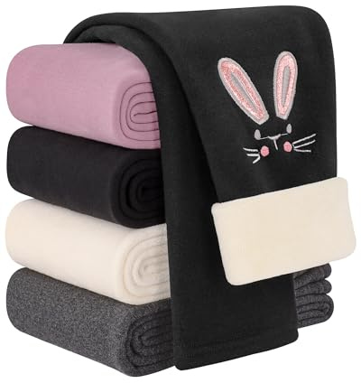 Auranso Girls Fleece Lined Thermal Sherpa-Lined Leggings Cotton Kids Winter Thick Warm Cartoon Bunny Embroidery Trousers Black, 8-9 Years