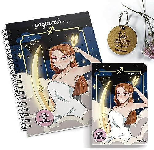 HappyMots - Pack Presentförpackning Horoskop | A5 anteckningsbok + A6 anteckningsbok + nyckelring Du är speciell | Zodiac Sign: SAGITTARIUS | Original gåva att överraska