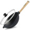 Wok Bratpfanne Ø26 cm 2,8 L aus Gusseisen mit Holzgriff Glasdeckel Asia Wokpfanne Induktion Pfanne