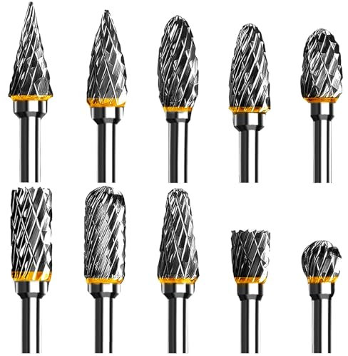 Exyvox Juego de Fresas Rotativas de Carburo de Tungsteno,10 Piezas, de Vástago de 1/8 adaptables a Herramienta Giratoria para Tallado de Carpintería de Bricolaje, Pulido de Metales, Grabado