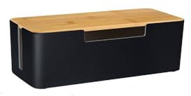 BUYSK ABS Cord Organizer Box mit hölzernem Deckel, Kabel-Management-Box für Power Strips oder Surge Protectors, Desk Cable Tidy Box für Büro Home (Schwarz)