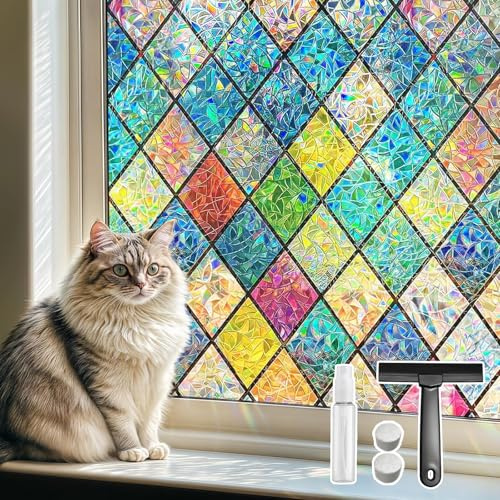 Qualsen Pellicola per Vetri Finestre 60x200cm, Effetto Arcobaleno Motivo a Rombi Pellicola Privacy Finestre Decorativa Elettrostatica Non Adesiva Anti-UV Opaca per Casa Ufficio Cucina