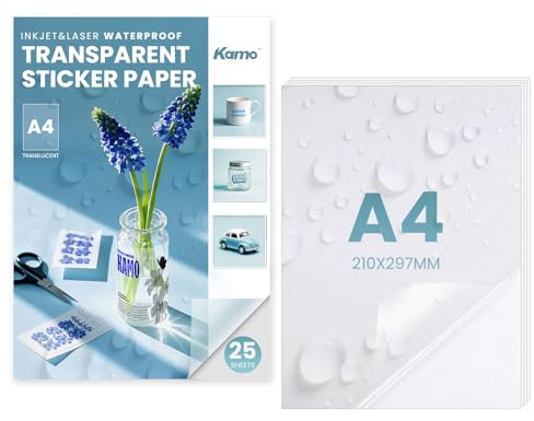 kamo Papier Autocollant Semi-Transparent Imperméable Premium – 25 feuilles, Étiquettes Vinyle Imprimables pour Imprimantes Laser et Jet d'Encre, A4, 210 x 297 mm, 1 étiquette par feuille, Waterproof