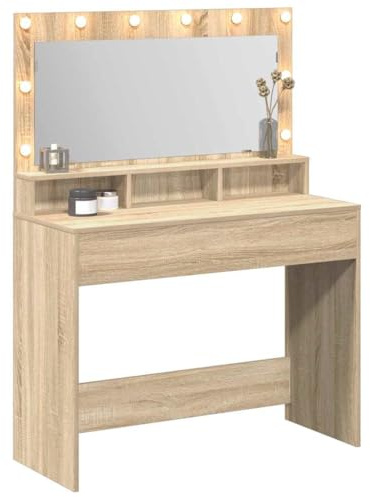 vidaXL Smyckebord Sonoma-ek 100 x 41 x 135 cm Konstruerat trä, Modern rektangulär förvaringsenhet, sovrumsmöbel, sminkbord, minimalistisk sminkplats med lampor, hållbart konstruerat trä