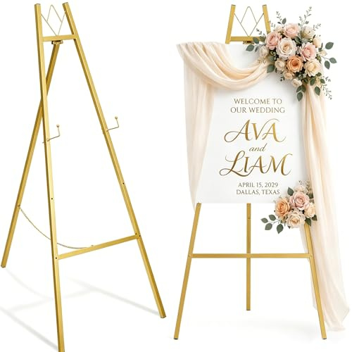WATIHERE 57.5 Gold Easel Stand for Wedding Sign – 4 Adjustable Height Levels, Assembly Required, Heavy Duty Metal Display Stand for Art, Paintings, Posters, Pictures, and Home Décor